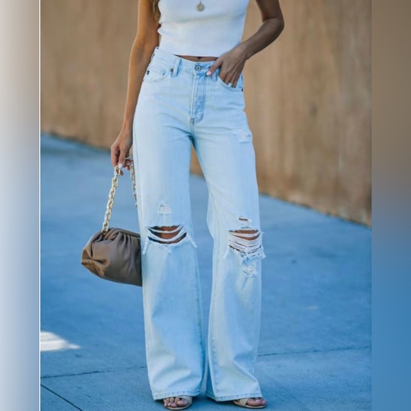 Vici London High Rise 90s Style Distressed Light Wash Denim Flare Wide Leg Jeans - Picture 7 of 9